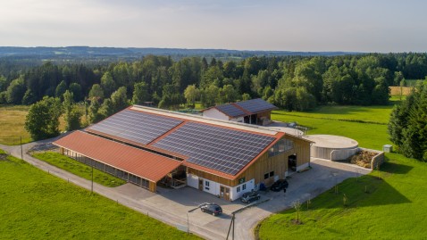 Stall mit Photovoltaik auf dem Dach von oben