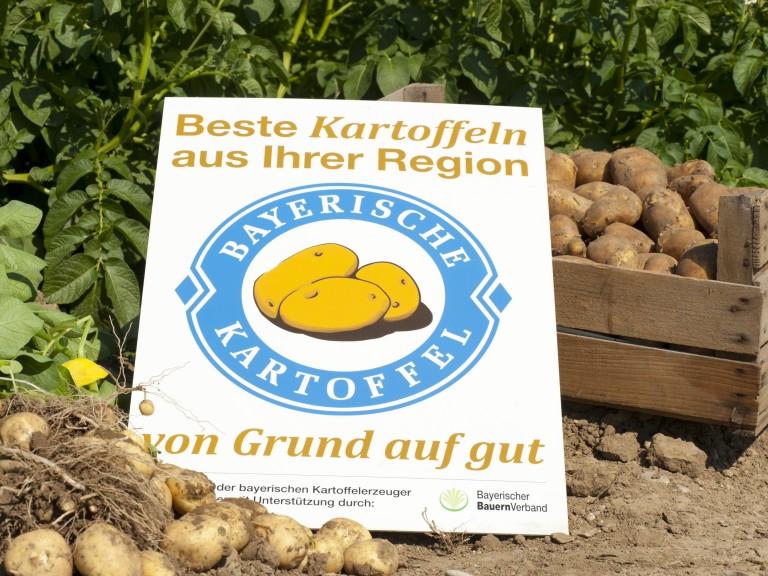 Kartoffelkiste mit Logoschild auf Acker