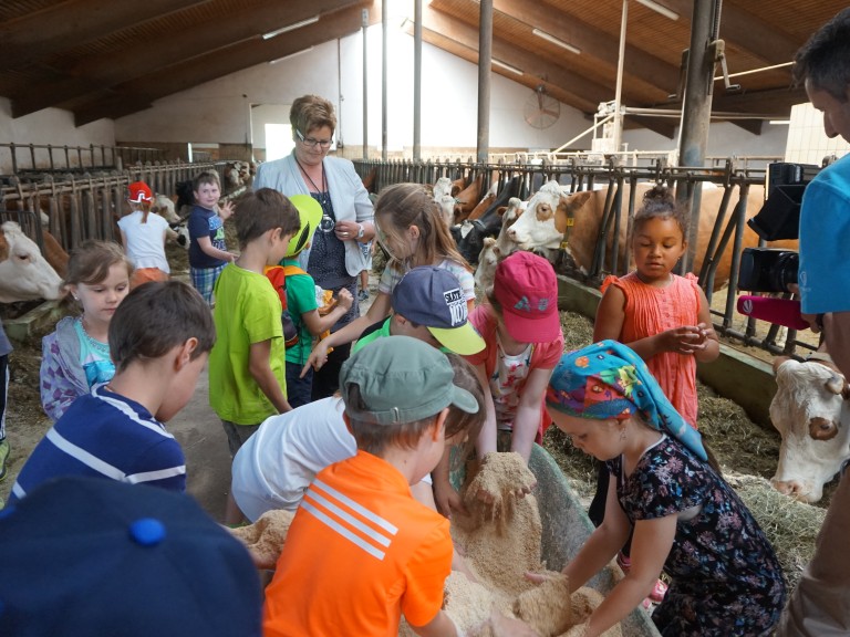 Kinder im Kuhstall mit Anneliese Göller, Landesbäuerin