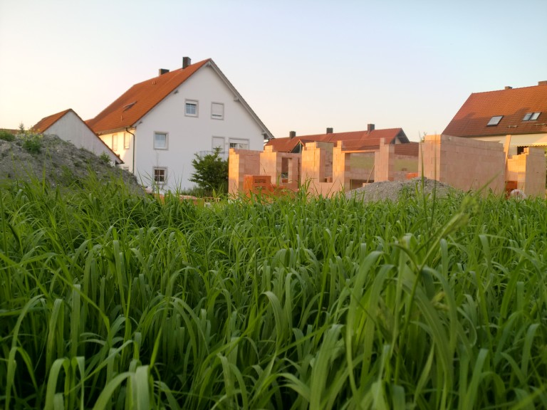 Hausbau, im Vordergrund ein Maisfeld