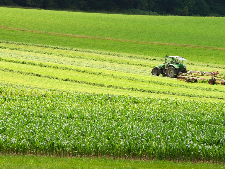 Ein Traktor auf Grünland in Bayern