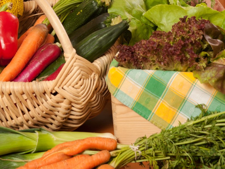Körbe voller Gemüse wie Paprika, Salat und Karotten