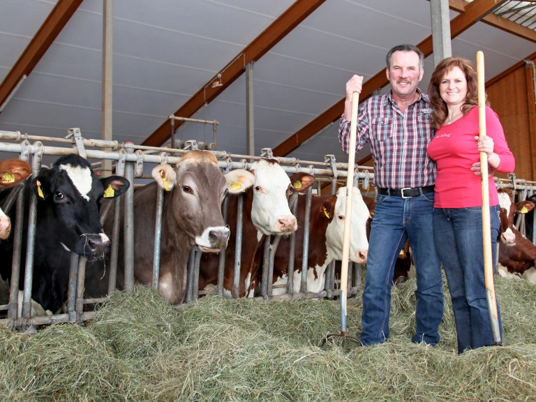 Ein Bauer und eine Bäuerin stehen Arm in Arm in einem Rinderstall