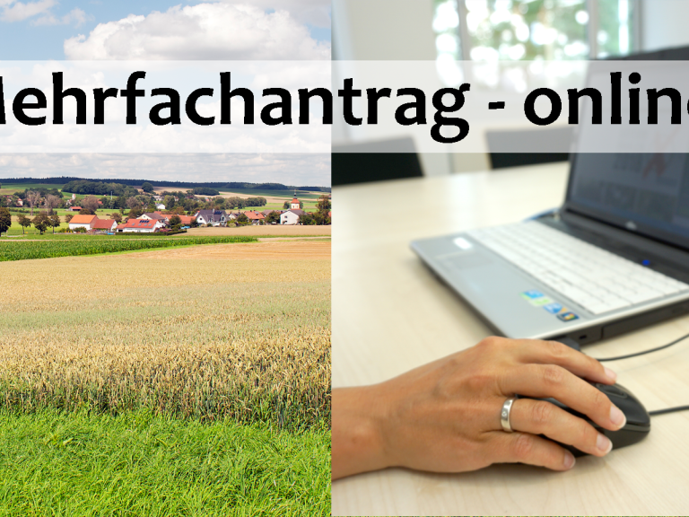 Landschaft und PC-Bildschirm; der Landwirt stellt den den Mehrfachantrag online