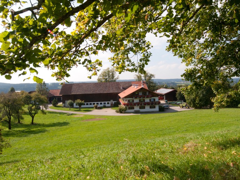 Bayerischer Bauernhof umgeben von Wiesen in Oberbayern