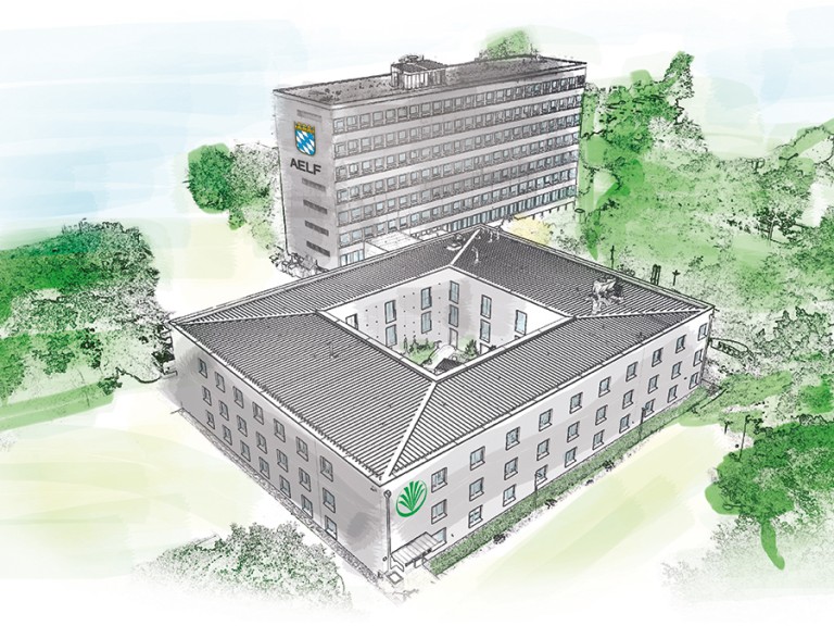 Zeichnung des Grünen Zentrums in Regensburg mit der neuen Hauptgeschäftsstelle des Bayerischen Bauernverbandes