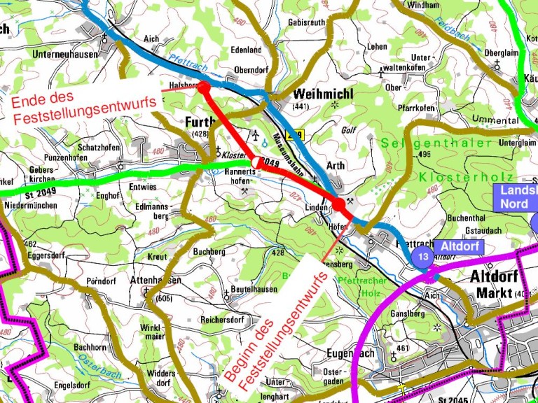 Trassenverlauf Ortsumgehung Weihmichl