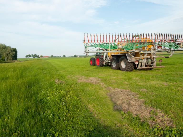 Traktor mit Güllefass auf einer Wiese.