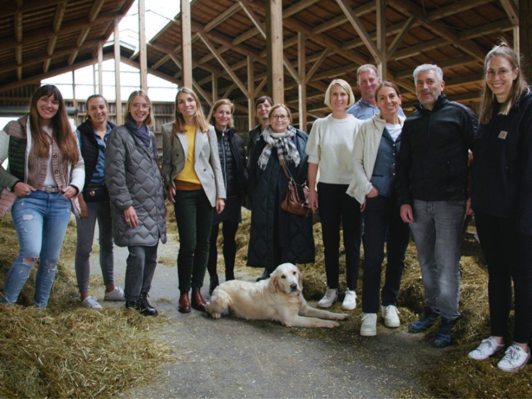 Zwölf Personen bzw. Influencer/innen in einem Kuhstall