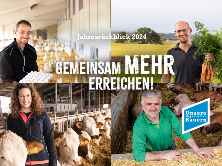 geteiltes Bild, 4 Personen stehen vor landwirtschaftl. Hintergrund