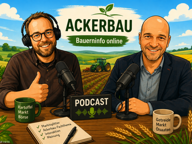 KI generiertes Bild von Johann Graf und Anton Huber am Tisch sitzen für die Bewerbung Bauerninfo Online zum Thema Ackerbau