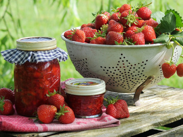 Eine Schüssel Erdbeeren steht auf einem Tisch im Garten.