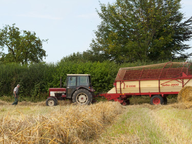 Ein Landwirt geht zu seinem Ladewagen auf dem Feld. 