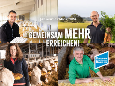geteiltes Bild, 4 Personen stehen vor landwirtschaftl. Hintergrund