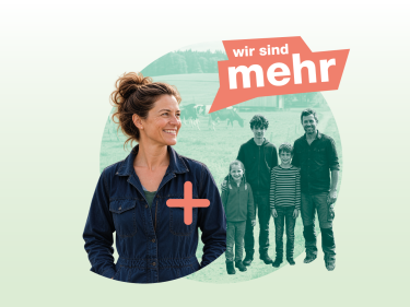 Landfrau und Familie und der Schriftzug wir sind mehr