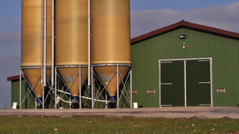 Futtermittelsilos vor einem Stall