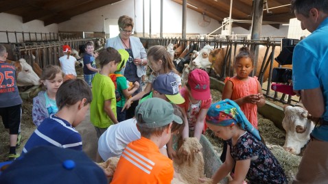 Kinder im Kuhstall mit Anneliese Göller, Landesbäuerin