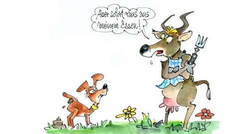 Raus aus meinem Essen, Karikatur aus dem Flyer Hund und Kuh