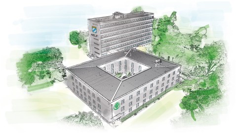Zeichnung des Grünen Zentrums in Regensburg mit der neuen Hauptgeschäftsstelle des Bayerischen Bauernverbandes