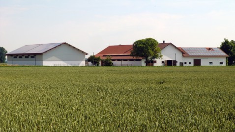 Ein Bauernhof arrondiert von seinen Feldern.