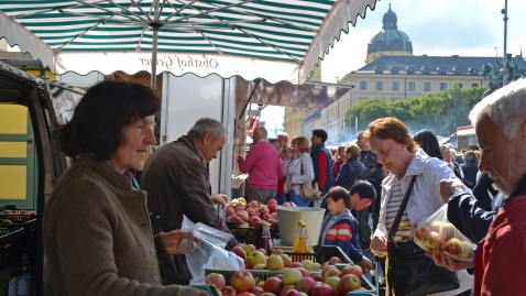 Verbraucher beim Einkauf auf der Bauernmarktmeile in München