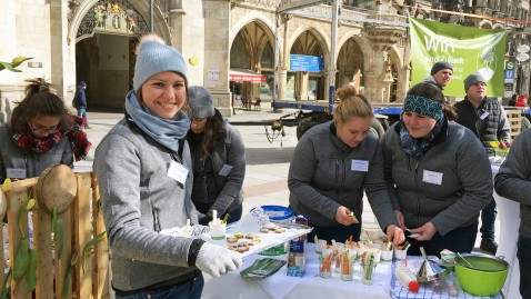 Junge Teilnehmerinnen und Teilnehmer des Herrschinger Grundkures informieren am Marienplatz über regionale Lebensmittel. 