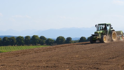 Ein Traktor bestellt mit seinem Traktor ein Feld. 