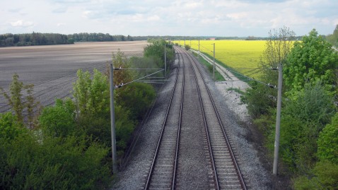 Bahngleise in ländlicher Landschaft.