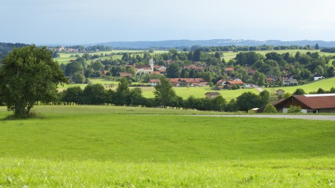 grüne Wiese mit einem Dorf im Hintergrund