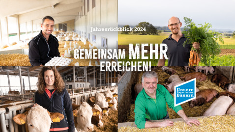 geteiltes Bild, 4 Personen stehen vor landwirtschaftl. Hintergrund