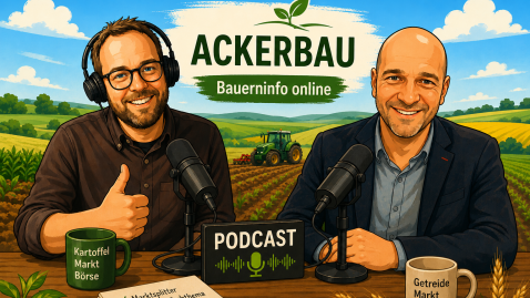 KI generiertes Bild von Johann Graf und Anton Huber am Tisch sitzen für die Bewerbung Bauerninfo Online zum Thema Ackerbau