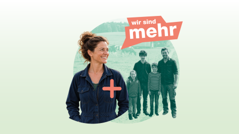 Landfrau und Familie und der Schriftzug wir sind mehr