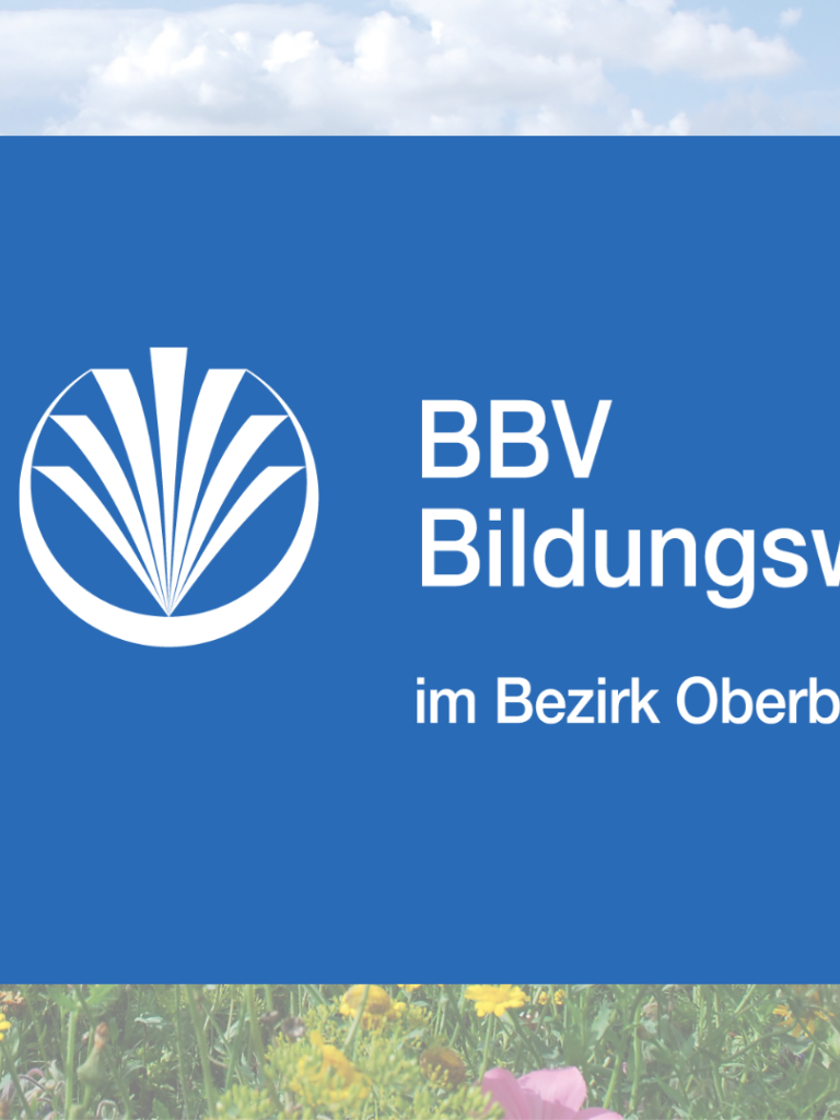 Logo Bildungswerk Oberbayern auf blauem Hintergrund mit Blumenwiese