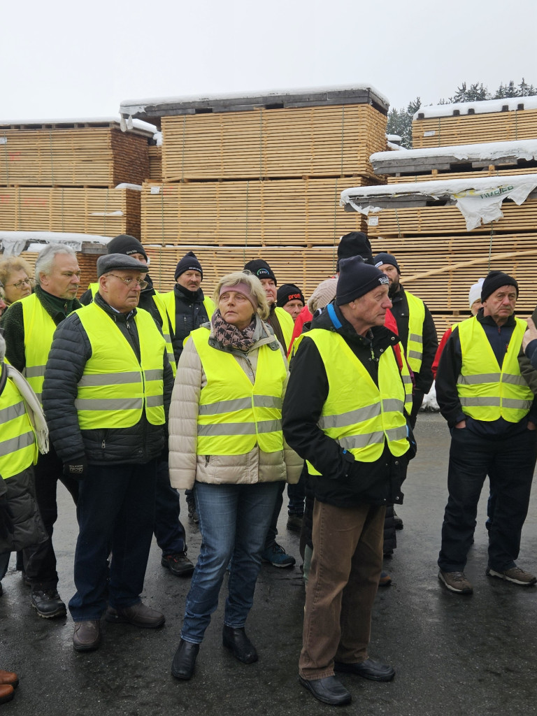 Teilnehmer an Betriebserkundung auf Sägewerksgelände