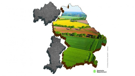 Flächenkarte Bayern, Bezirke schwaben und Unterfranken in grau weggebrochen