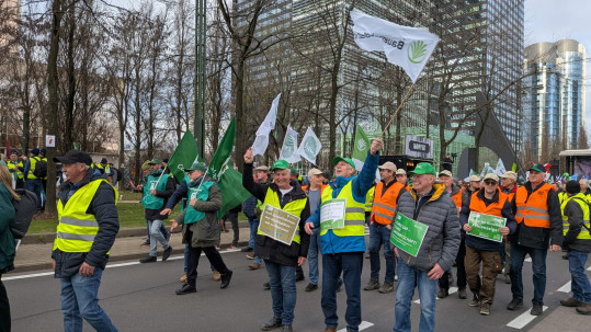 Demonstationszug mit Fahnen und schildern in einer Straße von Brüssel