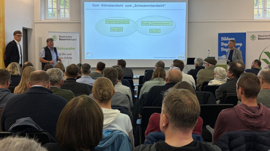 Die Herausforderungen des Klimawandels und damit einhergehender Extremwetterereignissen diskutierten Prof. Dr. Bernhard Bauer, Hochschule Weihenstephan-Triesdorf (links, stehend), Norbert Bleisteiner, Landwirtschaftliche Lehranstalten Triesdorf im Rahmen des zweiten Bodenschutztages in Triesdorf. 